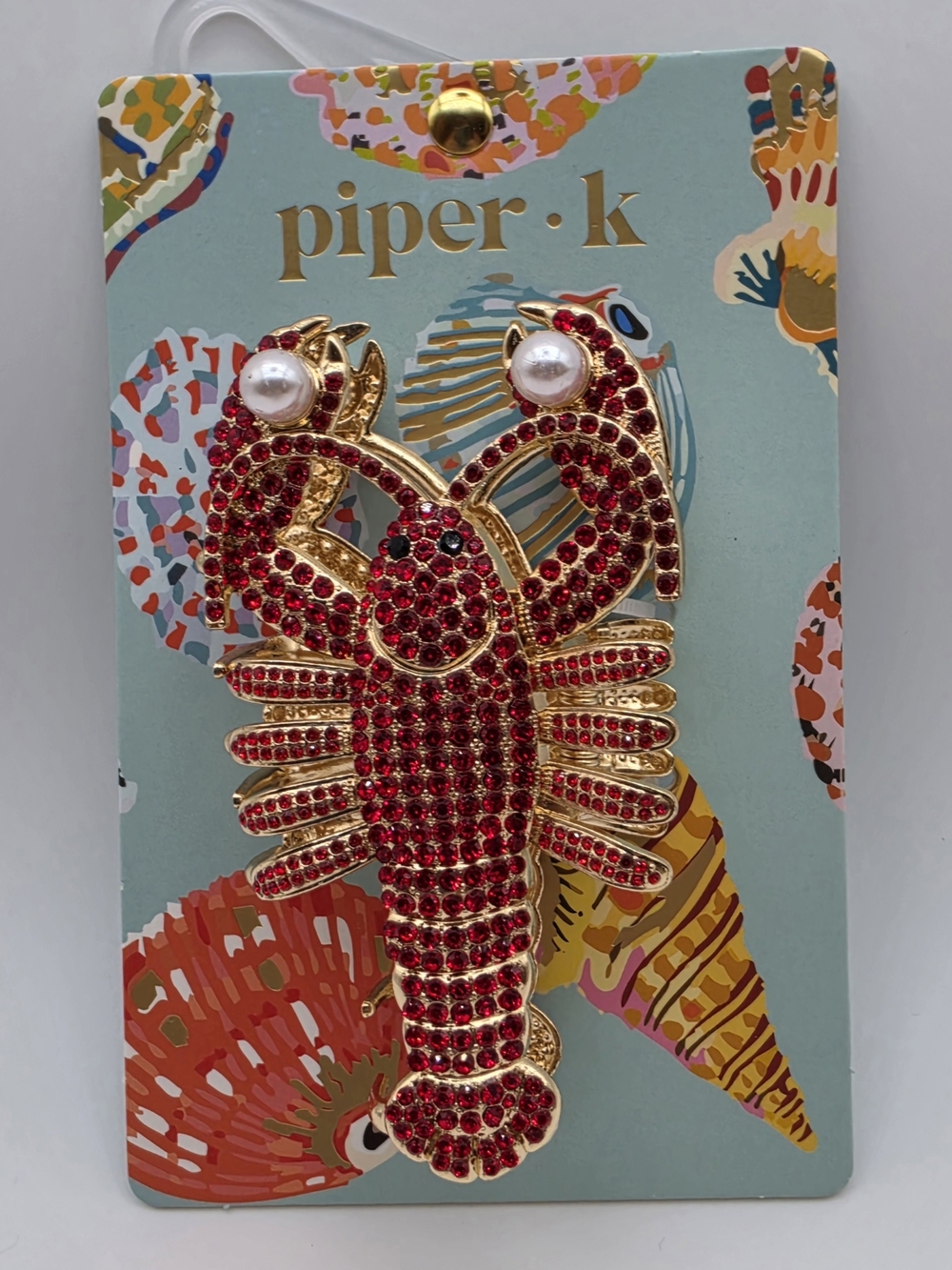 Piper Red Crystal Lobster Pin with Gold Tone & Pearl Accents